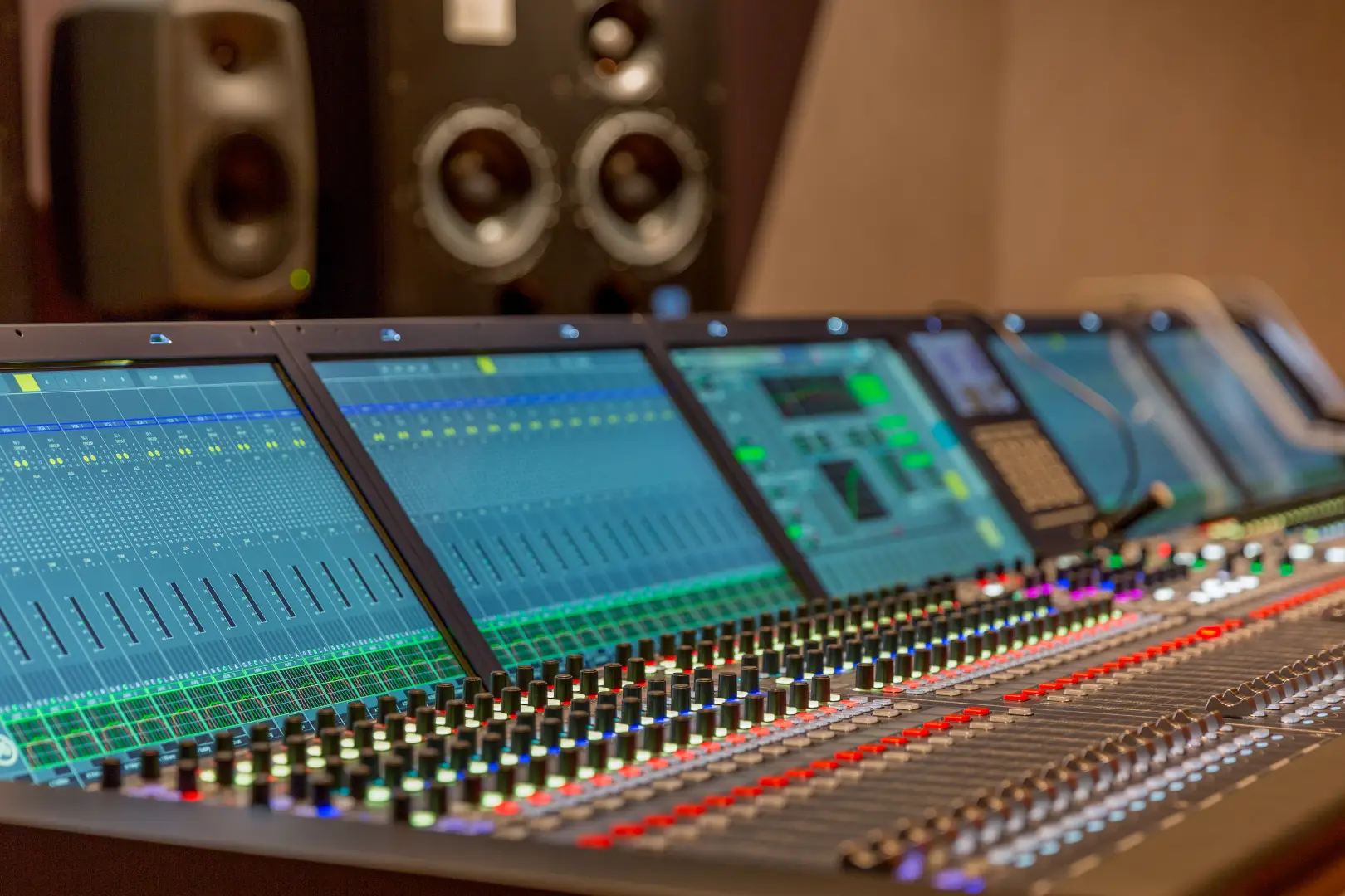 Close-up of a digital audio mixing console with colorful sliders and screens, showcasing sound levels and audio mixing controls Close-up of a digital audio mixing console with colorful sliders and screens, showcasing sound levels and audio mixing controls